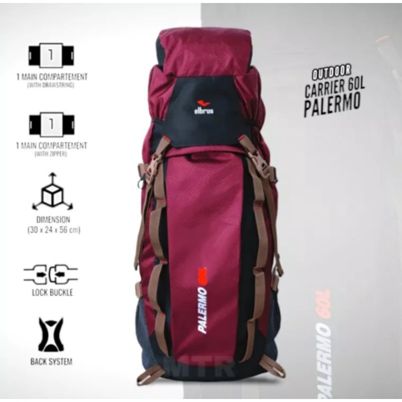 TAS CARRIER/GUNUNG ELBERUS PALERMO ORIGINAL 60 LTR MURAH MERIAH BERKUALITAS BONUS RAINCOVER