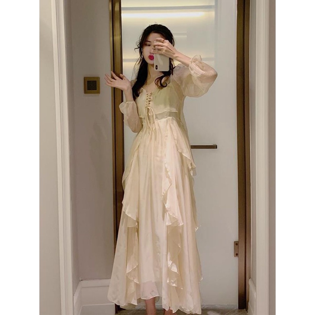 2022 fashion kardigan warna solid Alice in Wonderland rok besar hem kebesaran suspender dress setela