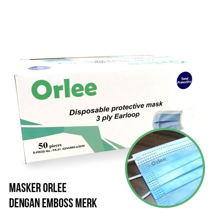 Masker 3 ply Biru Blue Orlee Bedah Earloop Kemenkes 3ply 50pcs