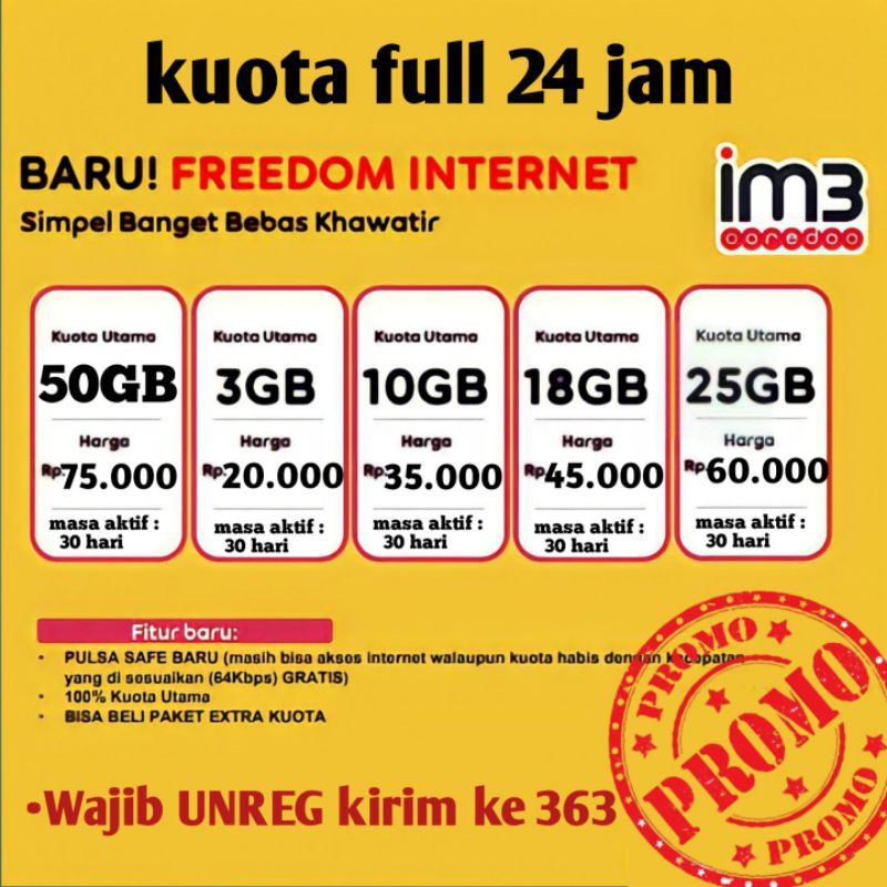 [PROMO] KUOTA INDOSAT FREEDOM INTERNET & HARIAN 2GB, 3GB, 10GB, 18GB, 25GB, 50GB FULL 24 JAM MURAH