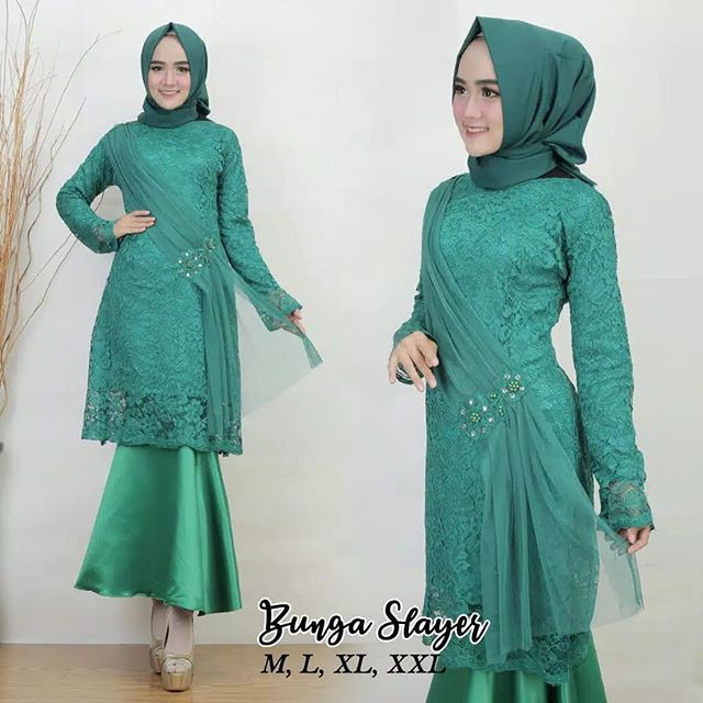 Setelan Kebaya Bunga Slayer Hijau Botol Rok Duyung Polos / Free Slendang
