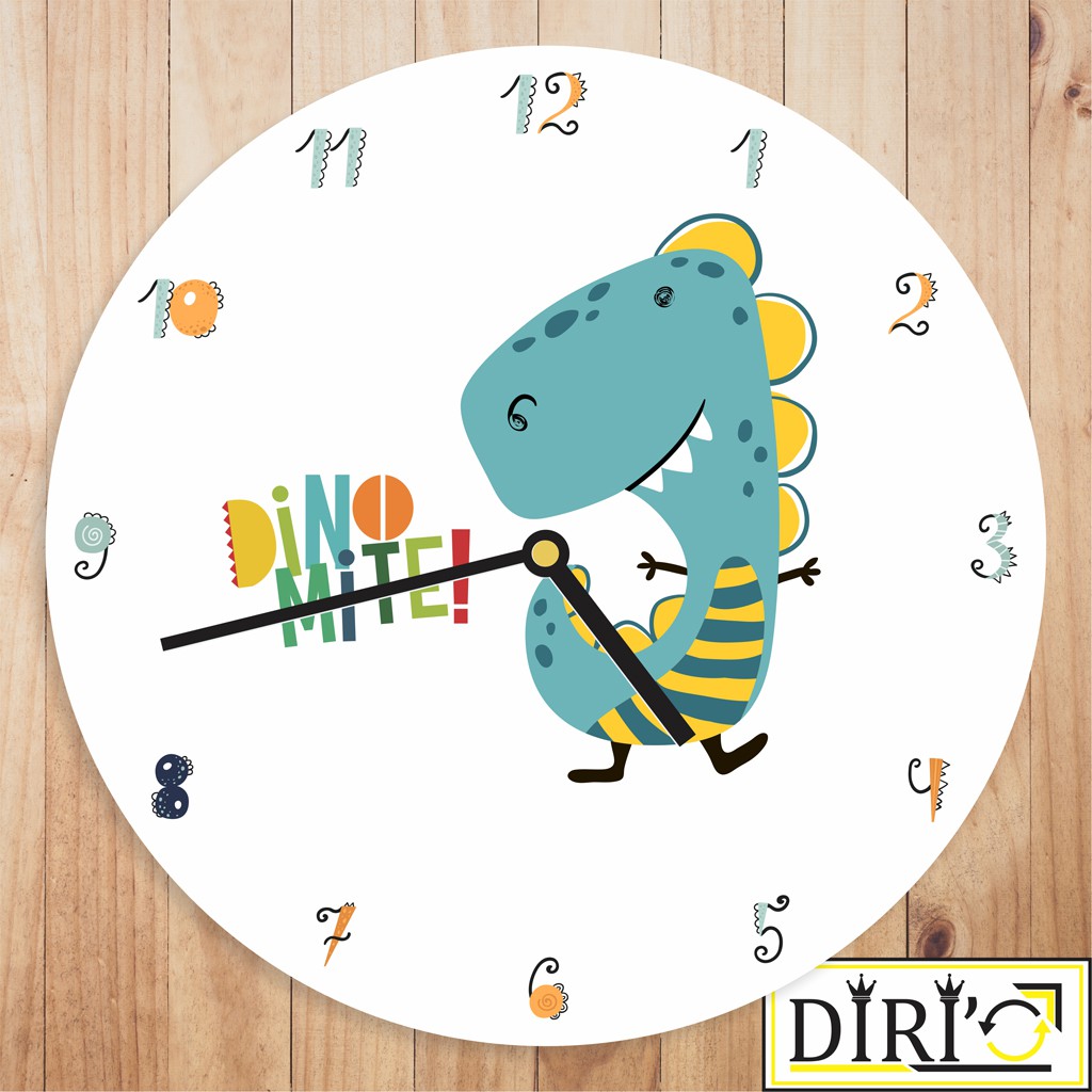 Jam Dinding Kayu Karakter Dinosaurus Hiasan Kamar Anak Cewe Cowo - Blue Rex II