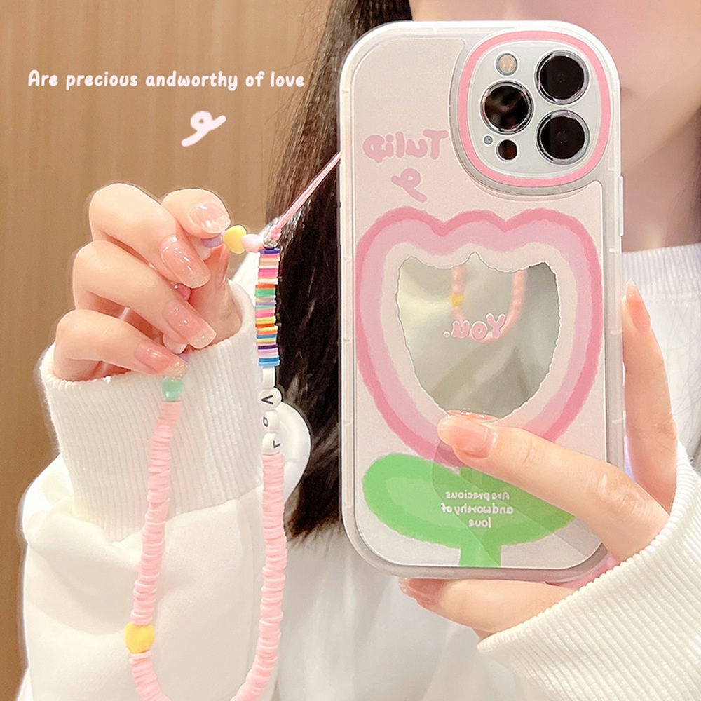 Case Pelindung Desain Bunga Tulip Pink Dengan Rantai Manik-Manik Untuk Iphone 7 8 PLUS XR XS 11 12 13 14 MINI PRO MAX SE 2020