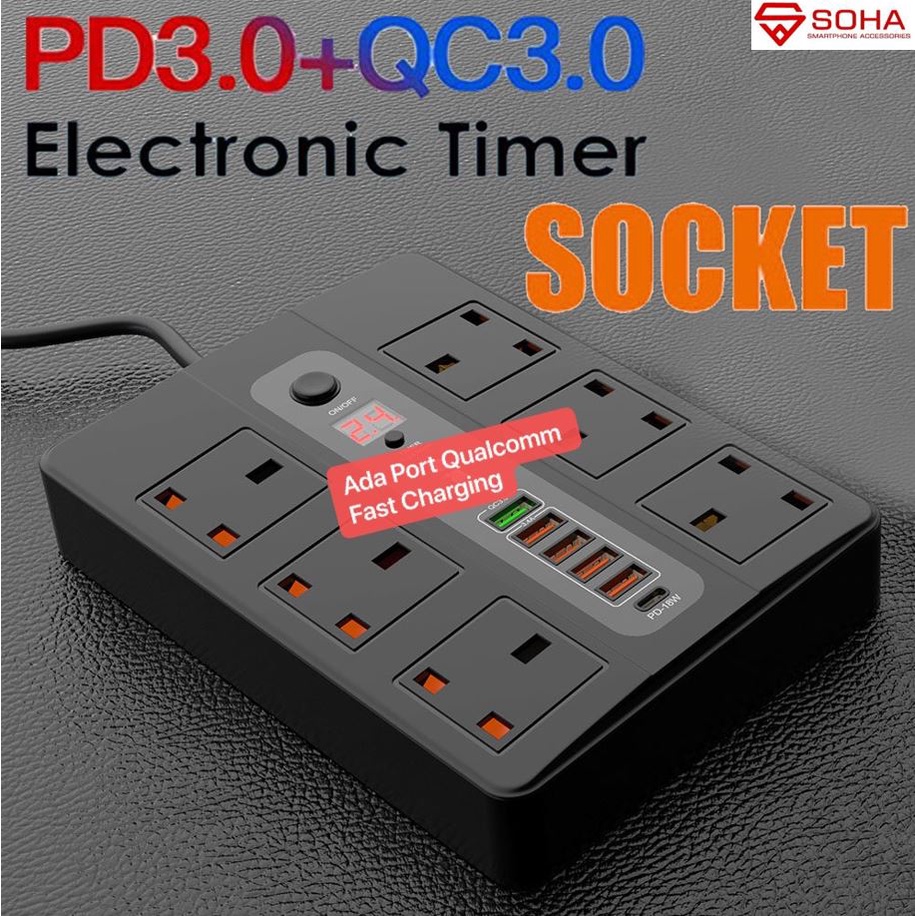 SOHA BKL-11 Stop Kontak Pakai Waktu / Power Socket Timer + 5 USB Port 3.4A Multi Port &amp; 1 P