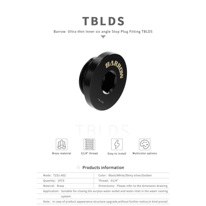 BARROW TBLDS Ultra Thin Inner Six Angle Stop Plug - Black