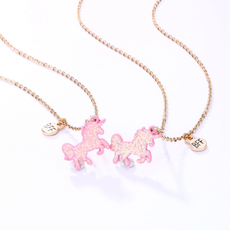 2pcs / Set Kalung Rantai Dengan Liontin Unicorn Hati Warna-Warni Untuk Hadiah Persahabatan