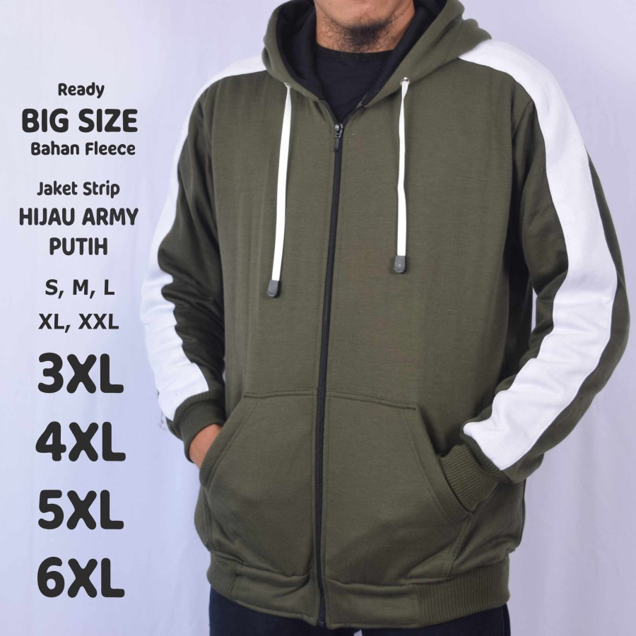 Jaket Hoodie Pria Strip Hijau Army Putih Jumbo Big Size - Hijau Army