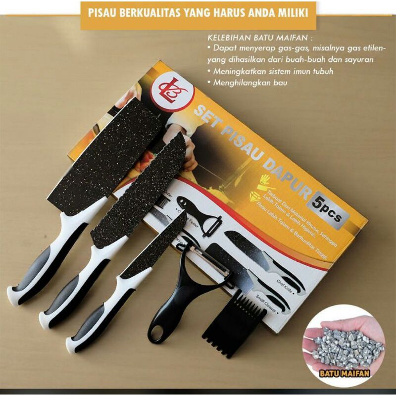 Pisau Set Keramik isi 5 pcs / Pisau Dapur Set Black Batu Maifan