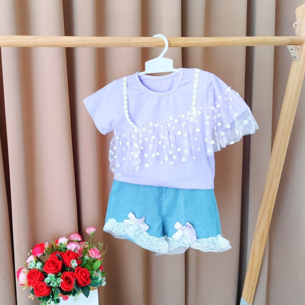 Promo !! Setelan anak feminim /  setelan white flower furing ukuran 1-4tahun / Setelan baju anak perempuan