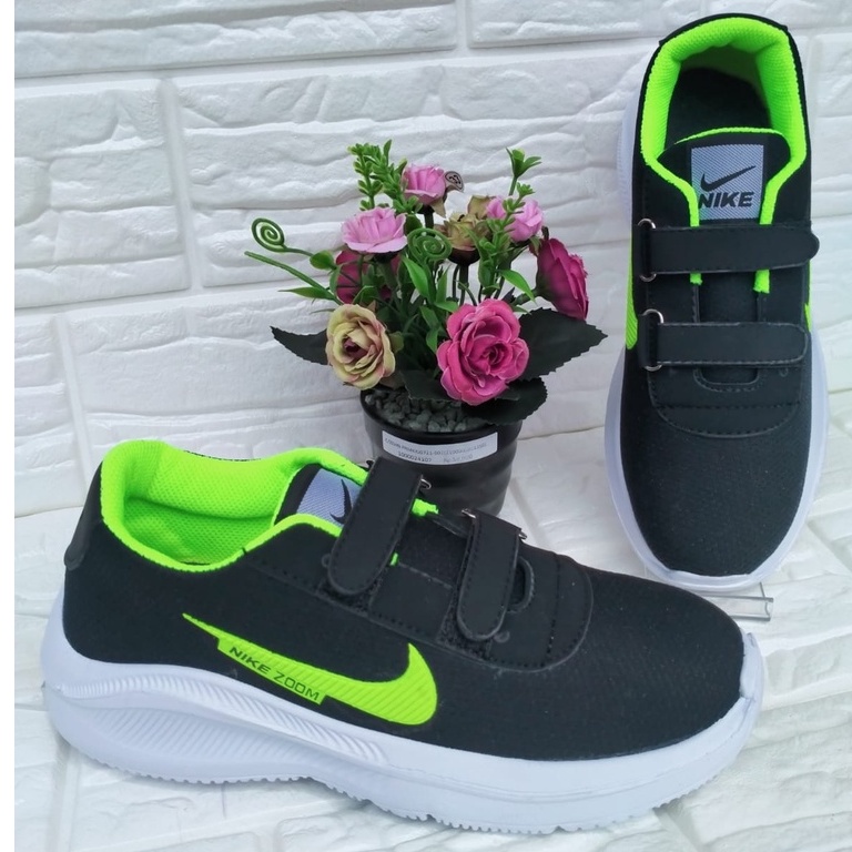 Sepatu Wanita/Sneakers/Warna Hitam Ijo/sepatu anak/sepatu sekolah/sepatu sneakers/sepatu terbaru/sepatu anak laki laki perempuan TK SD/umur 4 5 6 7 8 9 tahun warna hitam ijo perekat fashion anak murah velcro