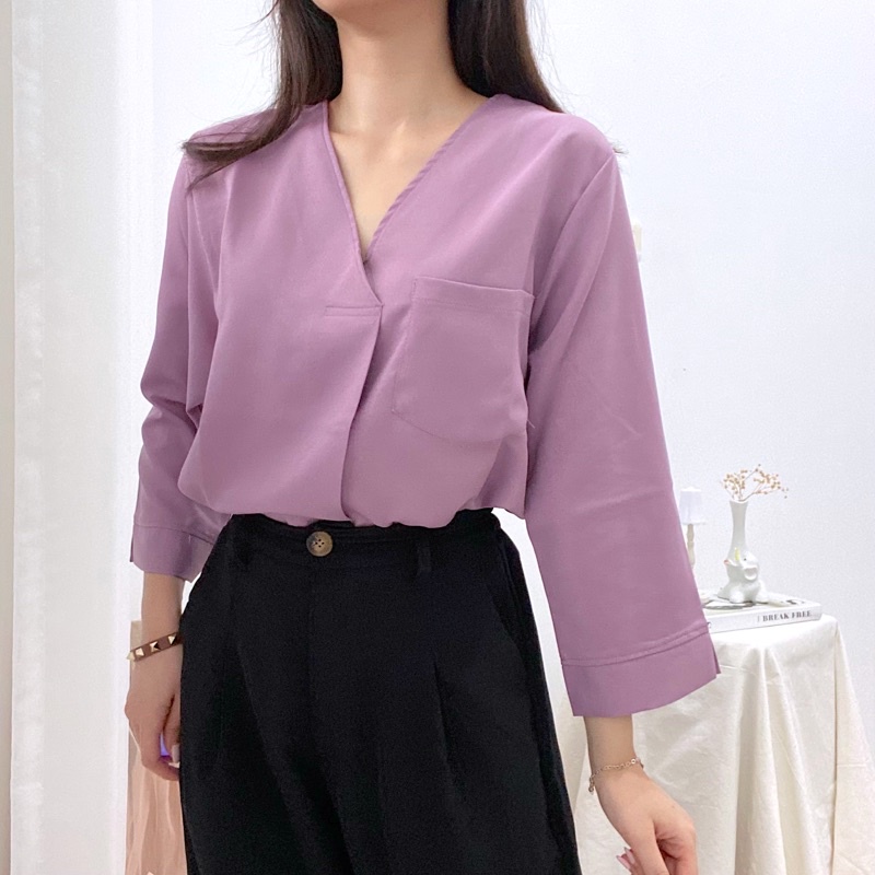 SAFIRA Blouse Wanita Casual Pocket / Atasan Kantor Kantong Lengan Panjang / V-Neck Top Basic 0369