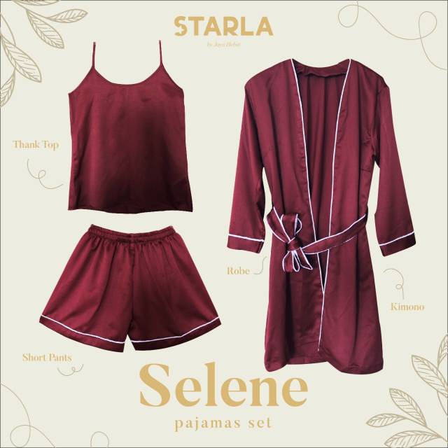 BAJU TIDUR SET 3in1 PIYAMA SATIN WANITA PREMIUM DEWASA KIMONO SELENE STARLA