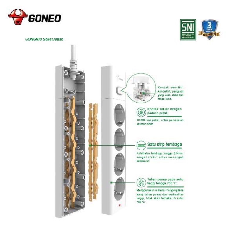 GONEO G3040 Stop Kontak Single On/Off Power Strip 4 Lubang Colokan Gongniu Tahan Panas Panjang Kabel (1.5m / 3m / 5m)  - Garansi 1 Tahun