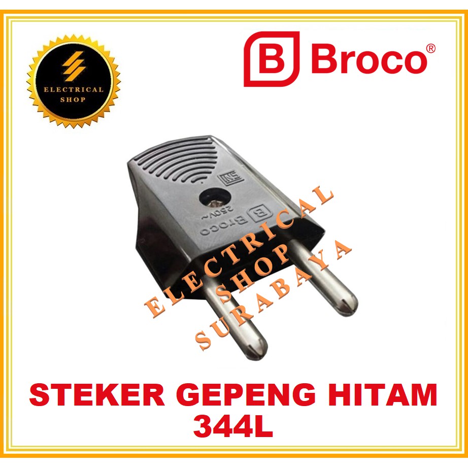 BROCO STEKER GEPENG BIASA HITAM 344L (HARGA GROSIR) 344LN TWO POLE PLUG PIPIH