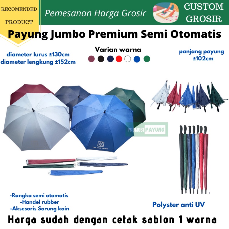 [ payung custom grosir ] Payung Jumbo Golf Lapis Silver Premium Semi Otomatis sablon 1 warna - promosi souvenir