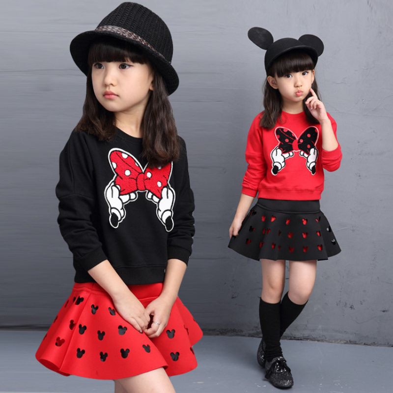 BAJU SETELAN ANAK PEREMPUAN 2PIECE KAOS LENGAN PANJANG + ROK PENDEK IMPORT HIGH QUALITY 2-10TAHUN