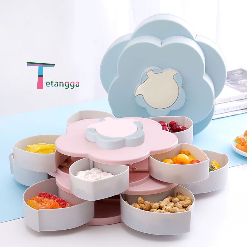 Toples Bunga Mekar,rotating Putar Kue/Candy/Snack/buah Tingkat 2 Susun + Tempat Dudukan Storage Box