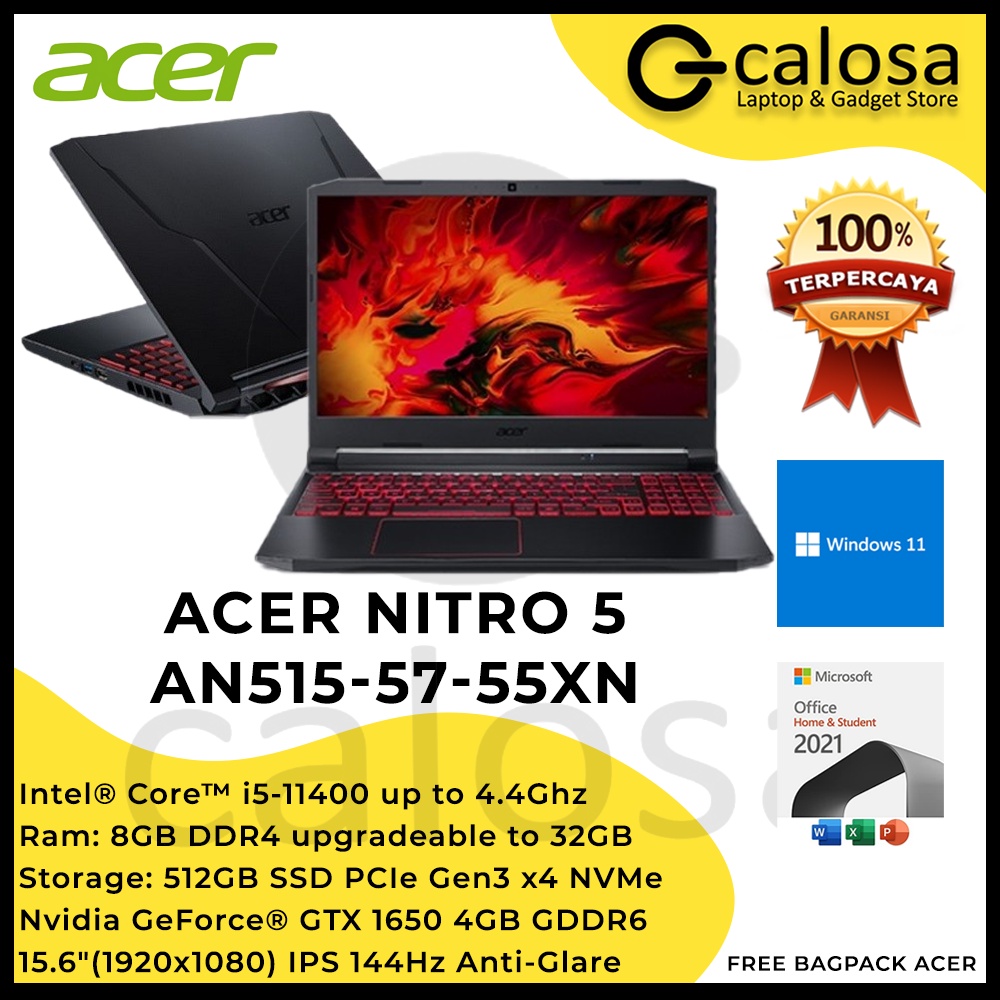 ACER NITRO 5 AN515 57 55XN i5 11400H RAM 8GB 512GB SSD GTX1650 W11 IPS