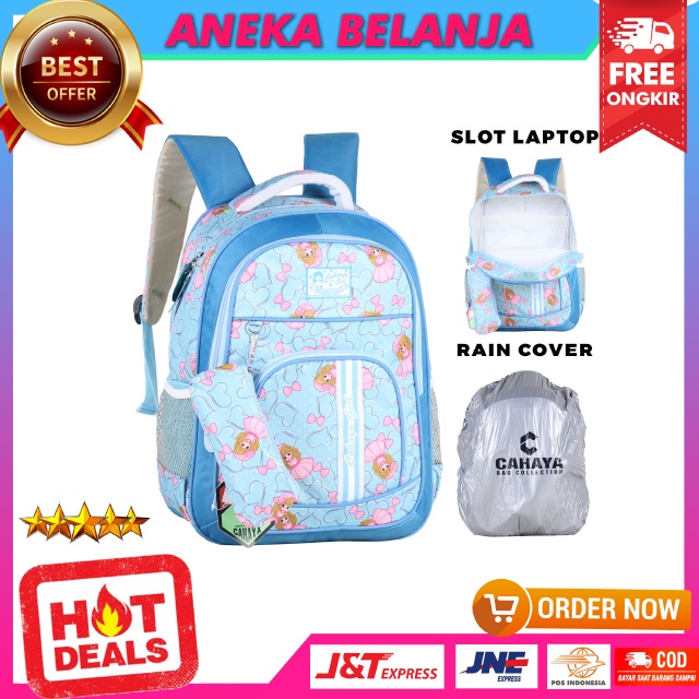 Ransel Backpack Sekolah Anak Cewek Cahaya Princess Strip Biru Lucu Keren Imut Free Tempat Pensil