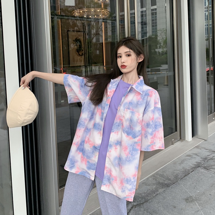 [CUCI GUDANG]Fashion Baru Wanita Korea Tie Dye Kemeja Sifon Longgar Lengan Panjang/Atas Lengan Pendek