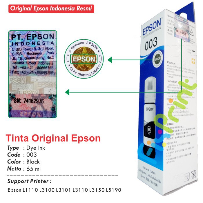 Tinta Refill Botol Epson 003 65ml Original Ink Bottle Printer L1110 L3100 L3101 L3110 L3150 L5190