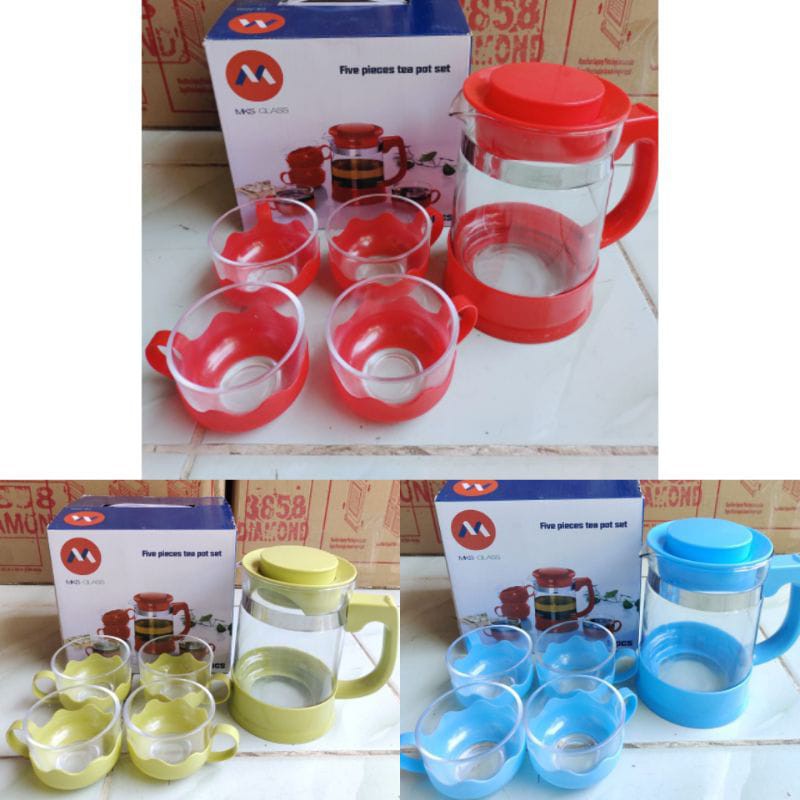 PROMO TEA POT SET BESAR KIMGLASS/ 4 PCS Gelas 150 ml1 PCS Tea Pot 700-800 ml