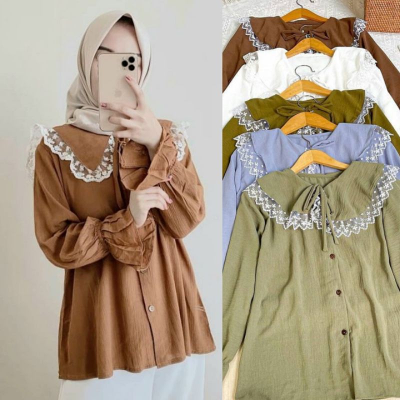 BIANA BLOUSE / KEMEJA BLOUSE RENDA / BLOUSE TANGAN LONCENG / RENDA BLOUSE