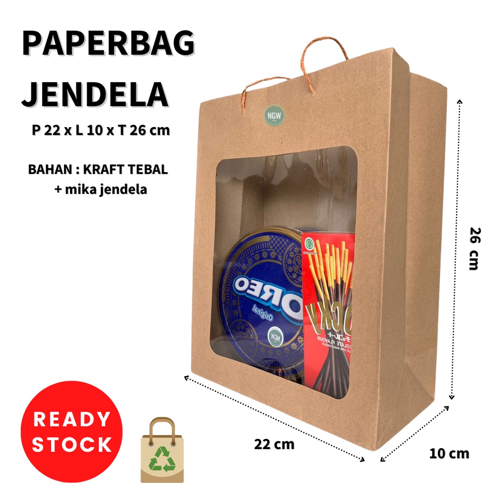 Paperbag mika jendela hampers goodie bag 22 x 10 x 26 kado Kraft tebal