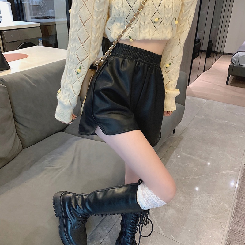 #Sisjuly# Kulit Celana Pendek Wanita2022Baru Pinggang Tinggi Kulit Celana Pendek Pelangsing Kasual Lebar Kaki