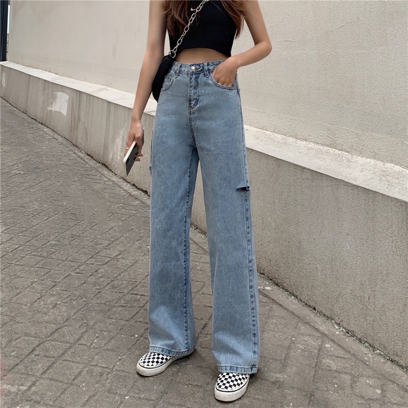 New Biru high waist robek straight leg celana jeans panjang wanita