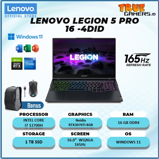 LENOVO LEGION 5 PRO 16 RTX3070TI 8GB  I7 12700H 16GB 1TBSSD W11+OHS 16WQXGA IPS 165HZ 100SRGB