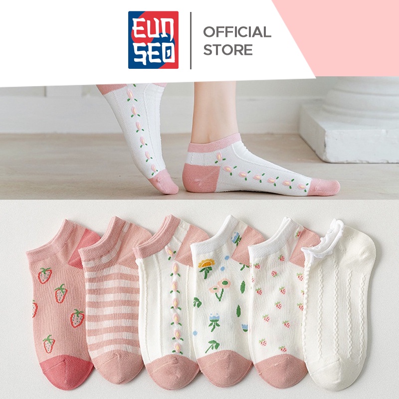 EUNSEO Kaos Kaki Mata Kaki Wanita - Fashion Korea Motif Putih Pink Soft Premium