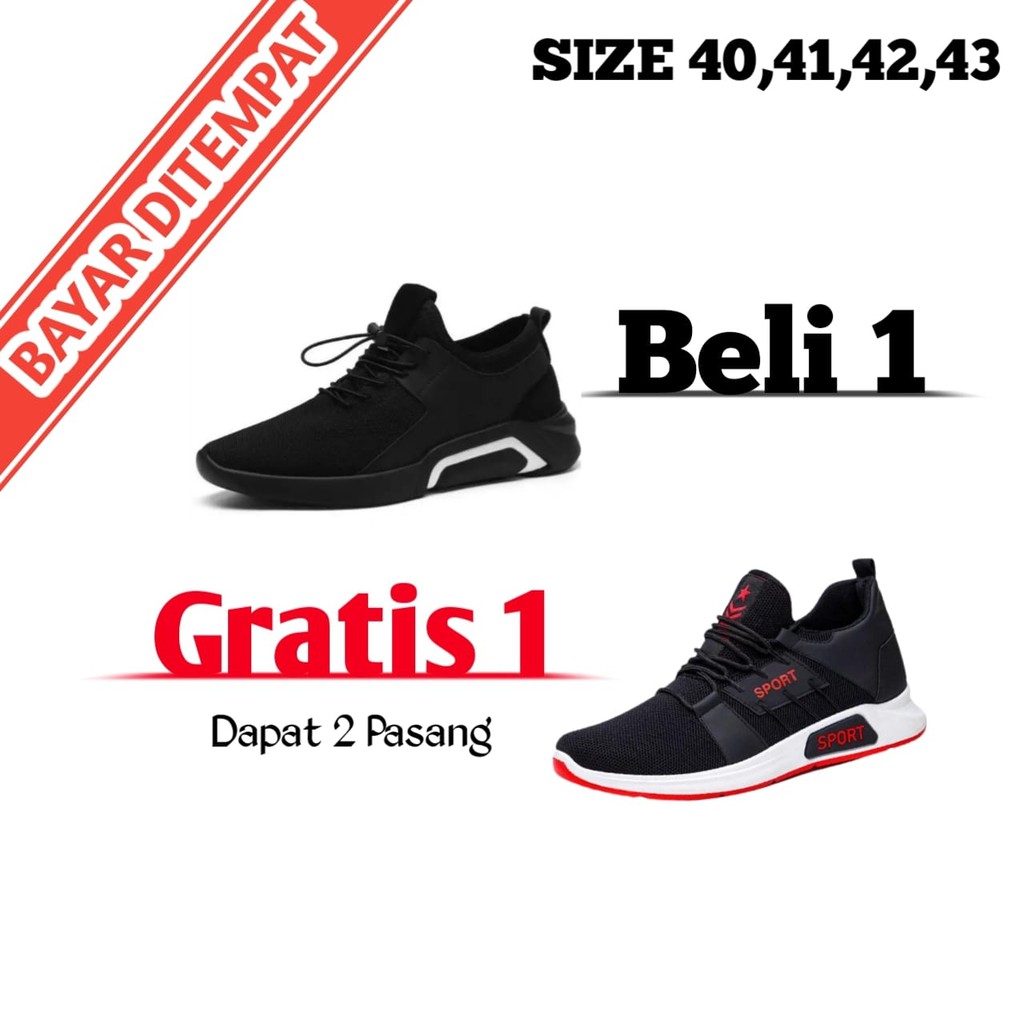 PROMO,,,!!! Beli 1 Gratis 1 Sepatu Sneakers Casual Pria Lentur Sport- Black School Shoes