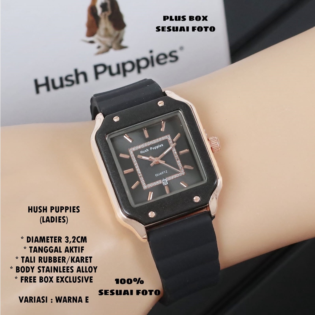 (FREE BOX) JAM TANGAN WANITA HUSH PUPPIES TALI RUBBER BODY SEGI TANGGAL AKTIF