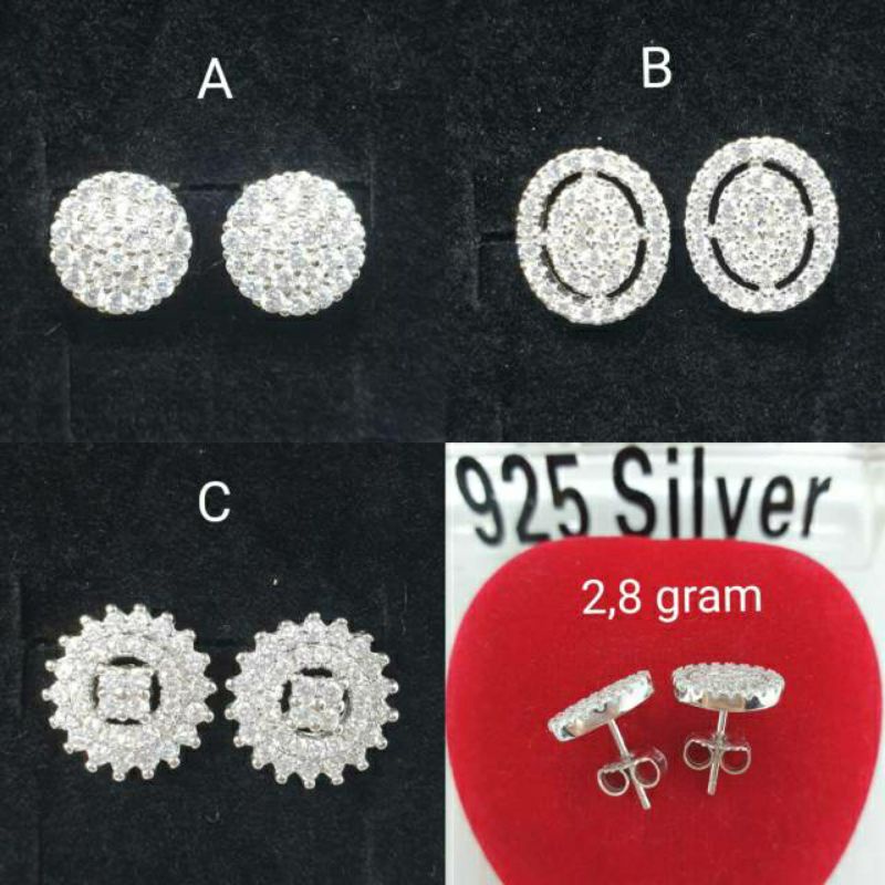 Giwang silver asli 925 mata zircon lapis mas putih