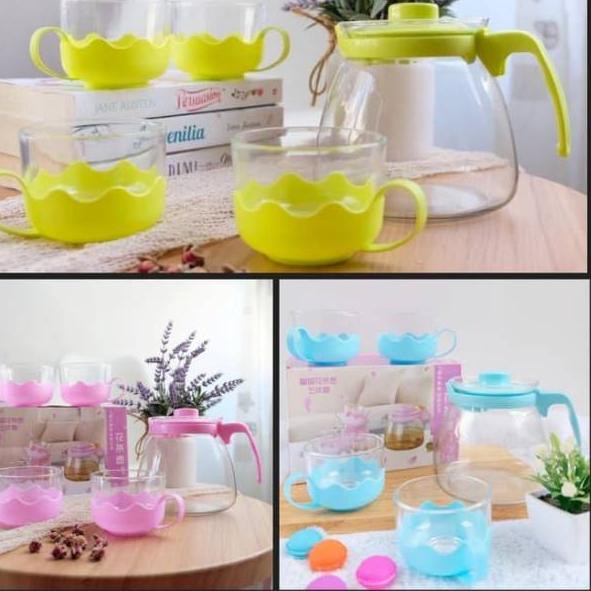 유fast respon4ü  Tea Pot Set 5 in 1 / Teko Dan Gelas Kaca Set  / Teko Teh Set 5 in 1  ⊈