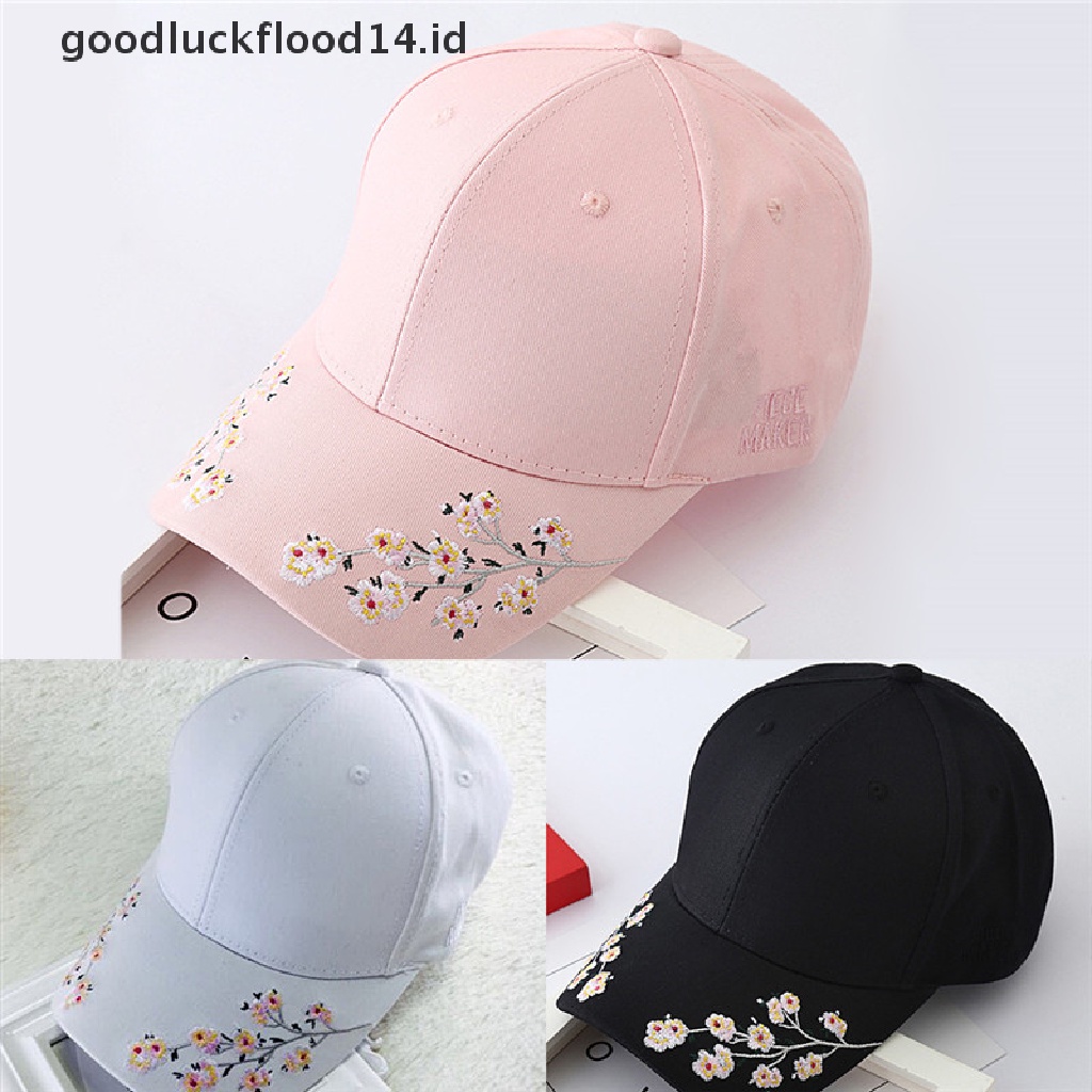 Topi Baseball Snapback Motif Bordir Cherry blossoms Untuk Wanita