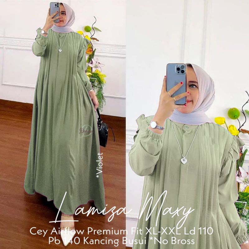 NEW FAYA, LAMISA MAXY Gamis Crinkle Polos Combi Plisket Matt Airflow Crinkle, Busui Kancing Fit To X
