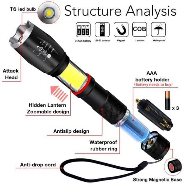 PAKET Senter Led Super Terang Jarak Jauh Lampu COB 8000 Lumens Cree E17 xml T6 Taffware Outdoor COD