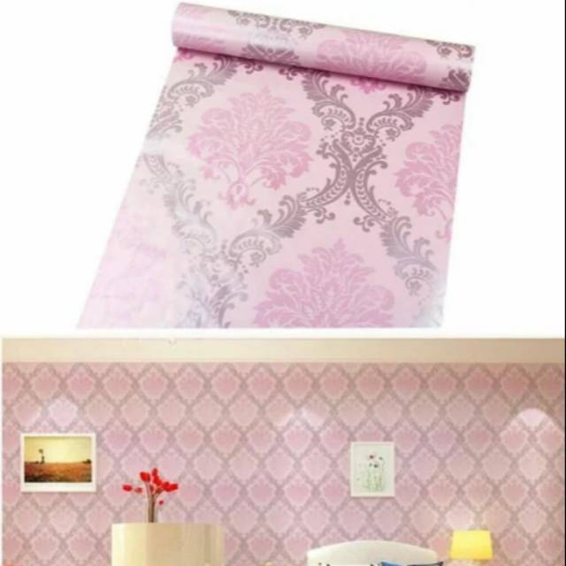 Wallpaper Dinding Motif Batik Pink size 45cm x 10m/Grosir Walpaper/ Tebal dan tidak murah Robek