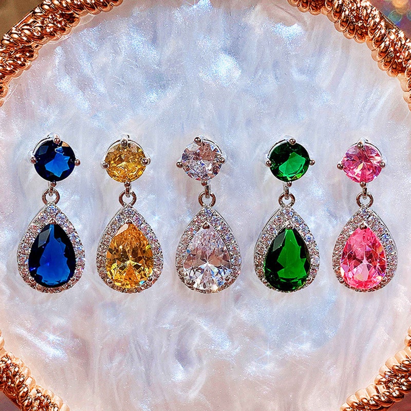 Anting Tusuk Gantung Desain Tetesan Air CZ Mewah Warna Putih / Biru / Hijau / Pink / Kuning Untuk Wanita