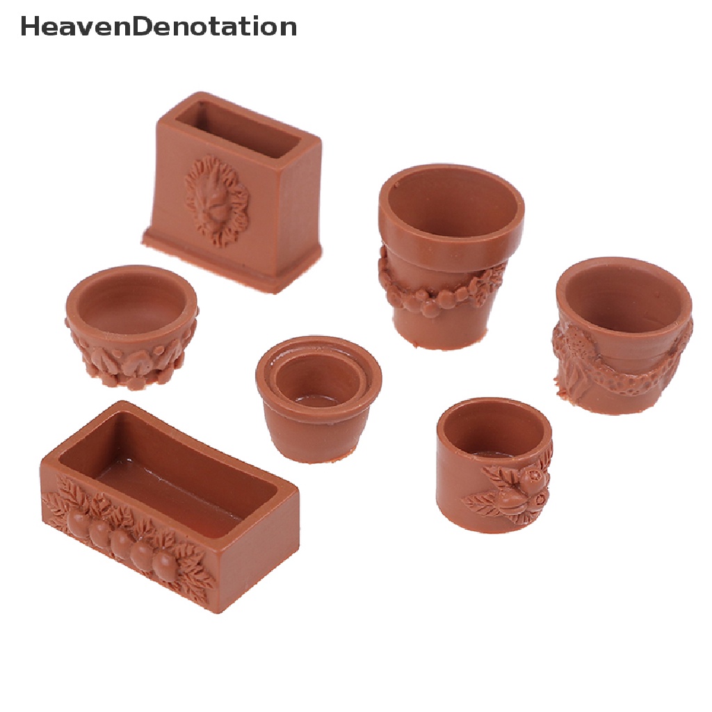 (Heavendenotation) 7pcs / Set Mainan Miniatur Pot Bunga Bahan Resin Untuk Aksesoris Rumah Boneka 1: 12