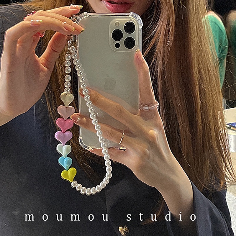 Case Transparan Motif Hati Dengan Gantungan Kunci Mutiara Untuk Iphone 11 6s 8 7 Plus SE2 XS XR 12 13 Mini PRO MAX