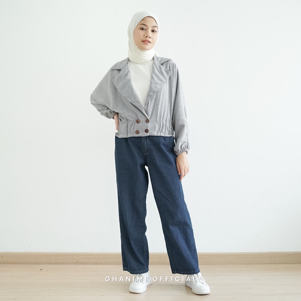 Ghanimi - Nessie Blazer / Blazer Linen Motif / blazer crop top motif / blazer polos linen kancing / jas blazer kerja wanita timeless / blazer kerja wanita kasual casual formal / outer motif / outer kerja kasual /outer kerja / atasan baju kerja