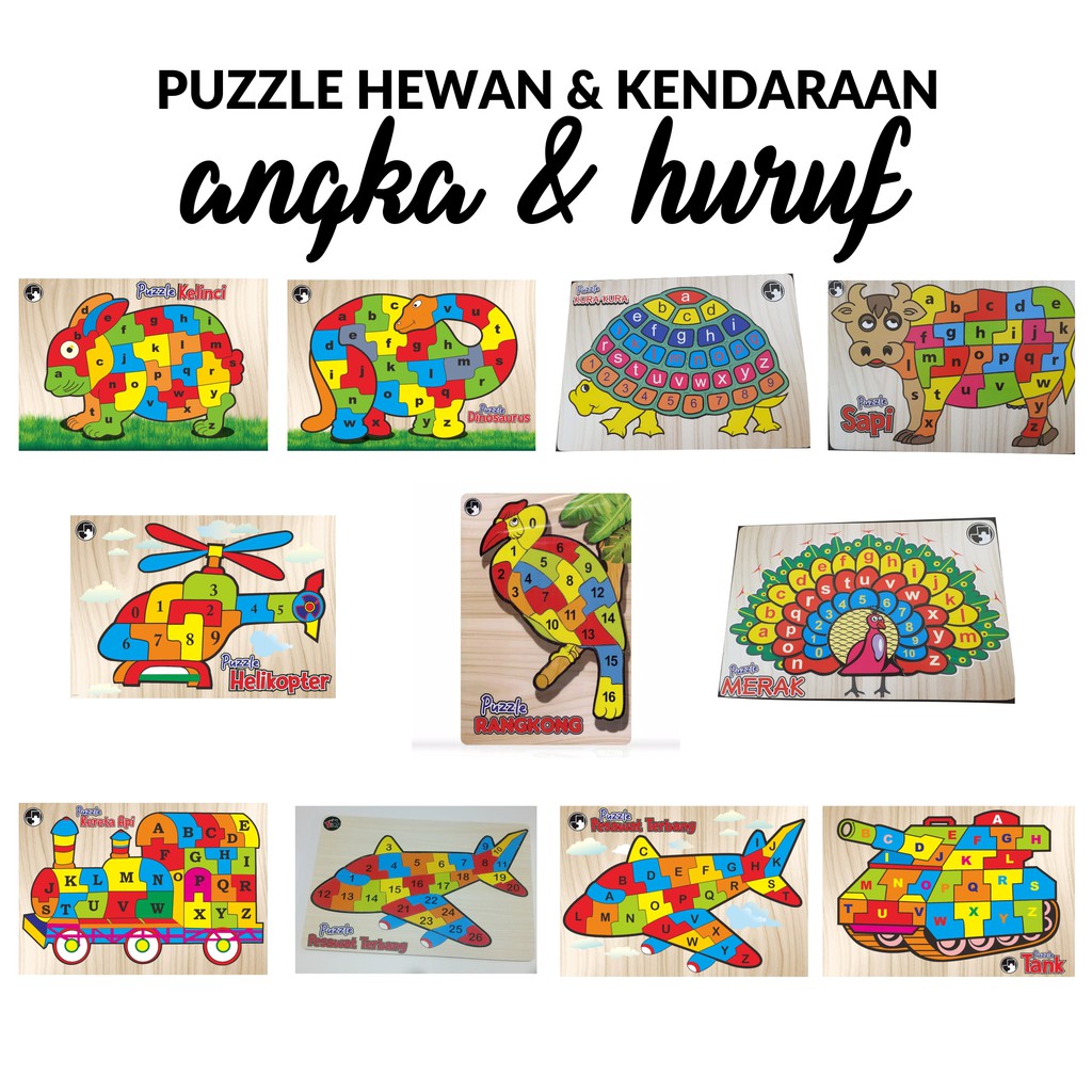 Puzzle Kayu Angka Dan Huruf Bentuk Hewan Dan Kendaraan - Mainan Edukasi