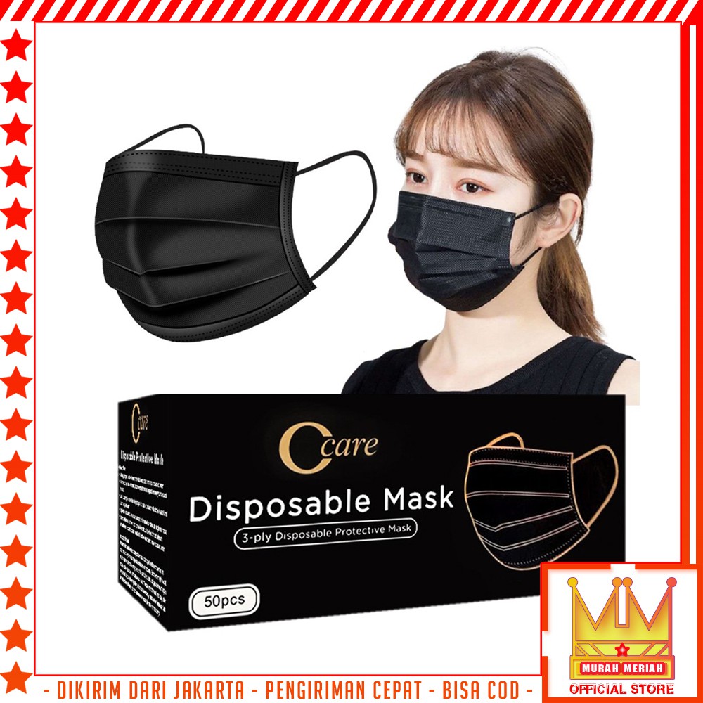 MMM MASKER HITAM 3PLY MASKER EARLOOP BLACK 50 PCS FACEMASK KESEHATAN 3 ...