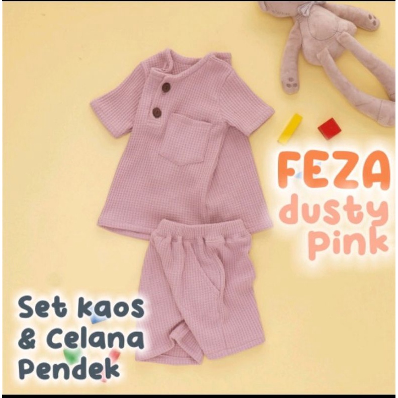 Nauree - Setelan Baju Kaos Anak Feza Umur 1 2 3 4 5 6 Tahun Ukuran S M L Warna Cream Taro Pink Celana Pendek Lembut Nyaman Premium Tidak Panas Tidak Menerawang Berkualitas Modis Awet