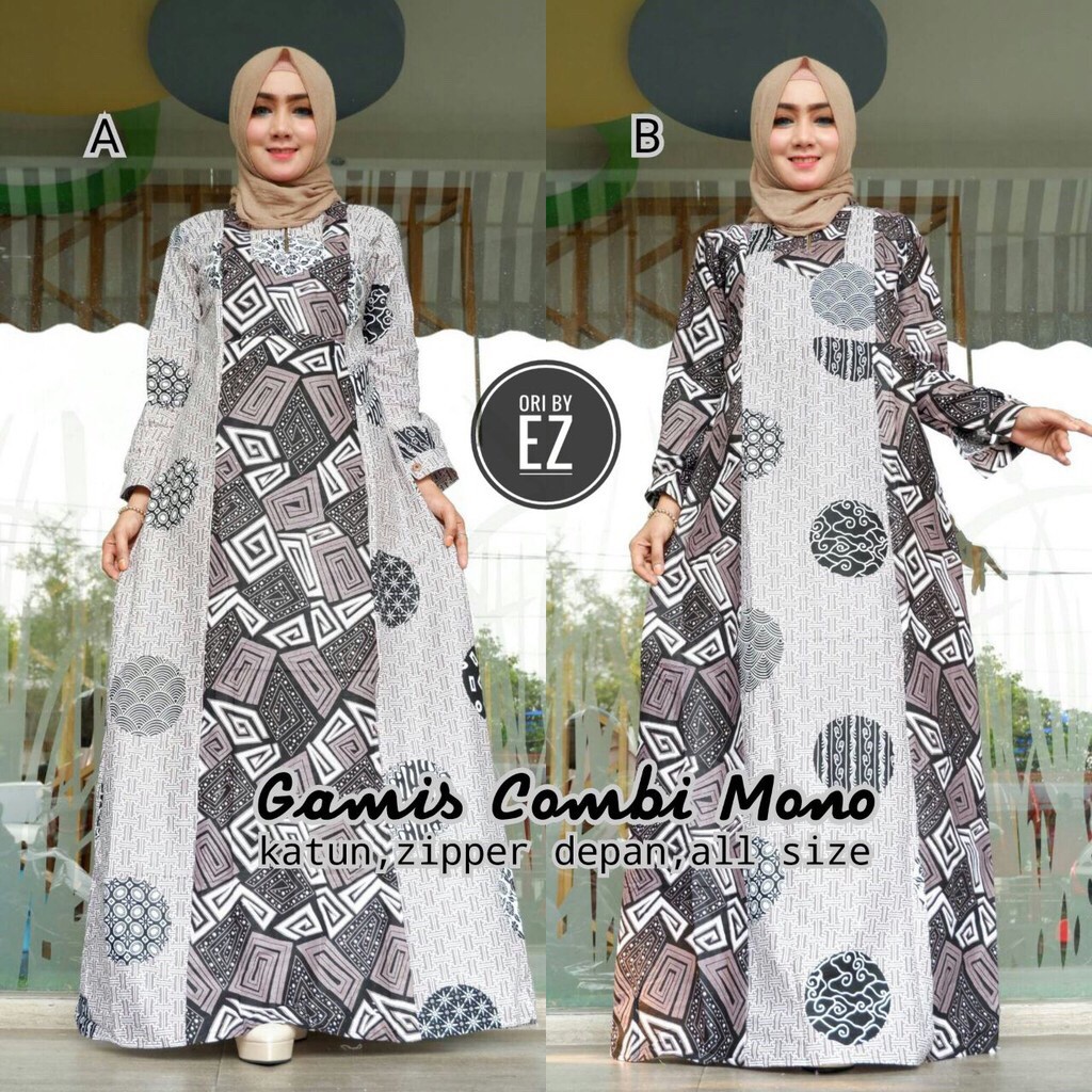 Gamis Seling Mozaik Mono Abu Grey Batik Muslim Kekinian Cantik Pesta