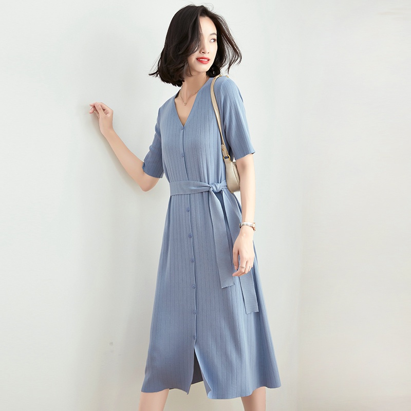 【Elegant】Korean Casual Lembut Knit V-neck Dress 7103