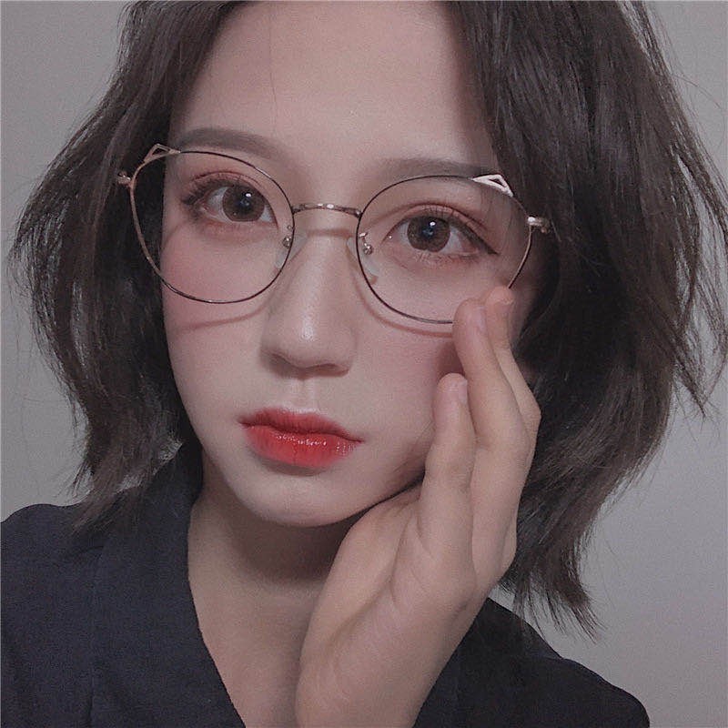 Kacamata Oval Kucing Anti Radiasi Wanita dan Pria Gaya Retro Round Eyeglasses Metal Frame